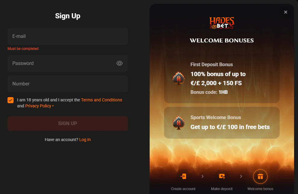 HadesBet registration form with country and currency selection alongside the welcome bonus offers